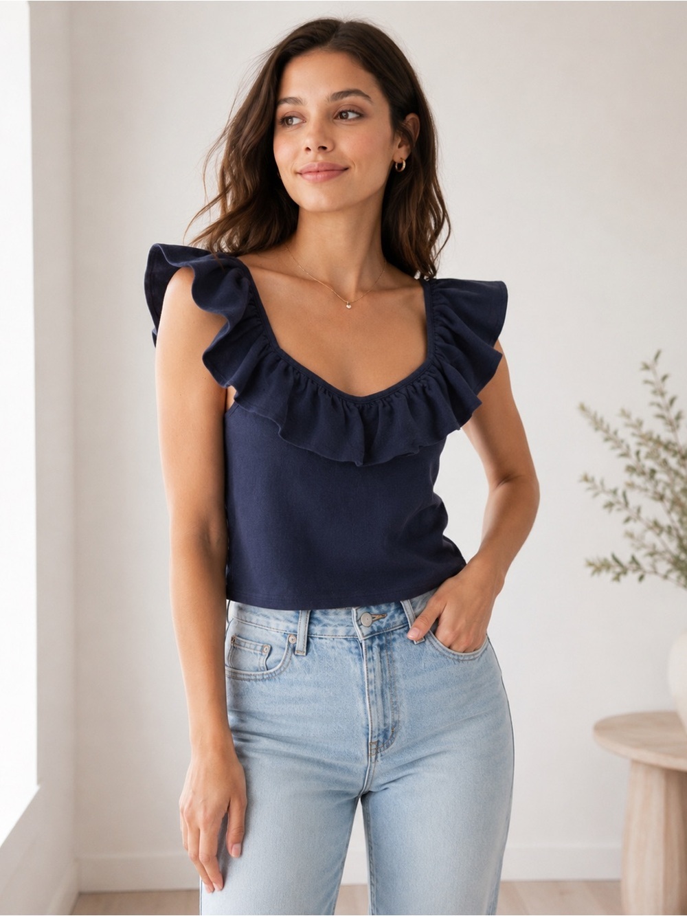 Anthropologie Maeve Navy Ruffle Crop Top Size L Romantic Coquette Fairycore NWT